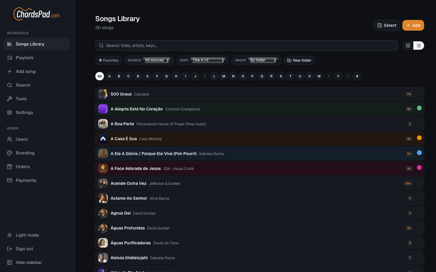 CifraPad library on tablet