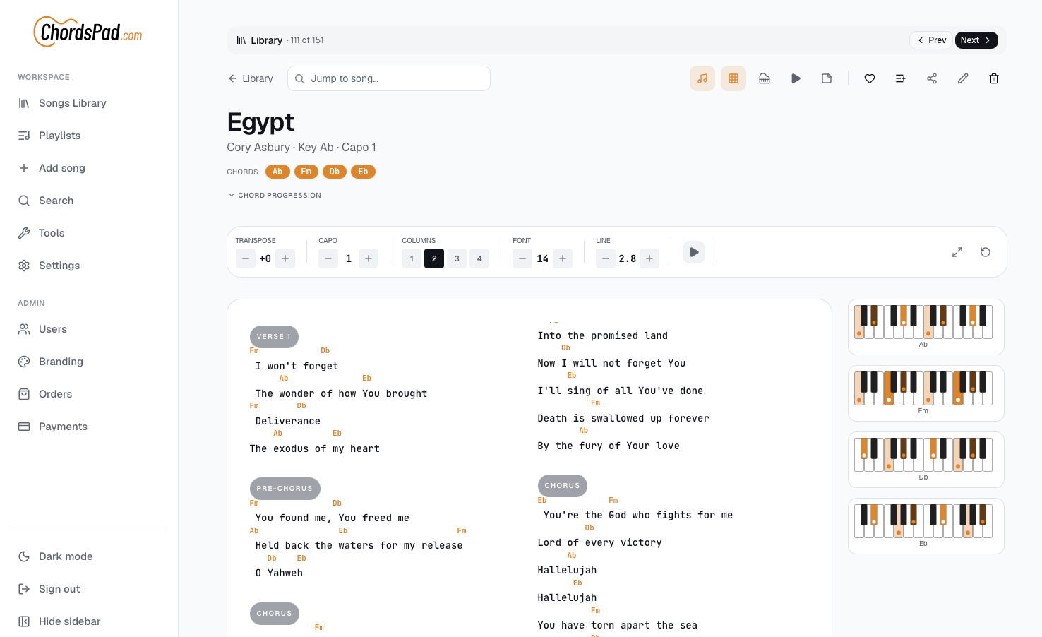 Song view with piano diagrams