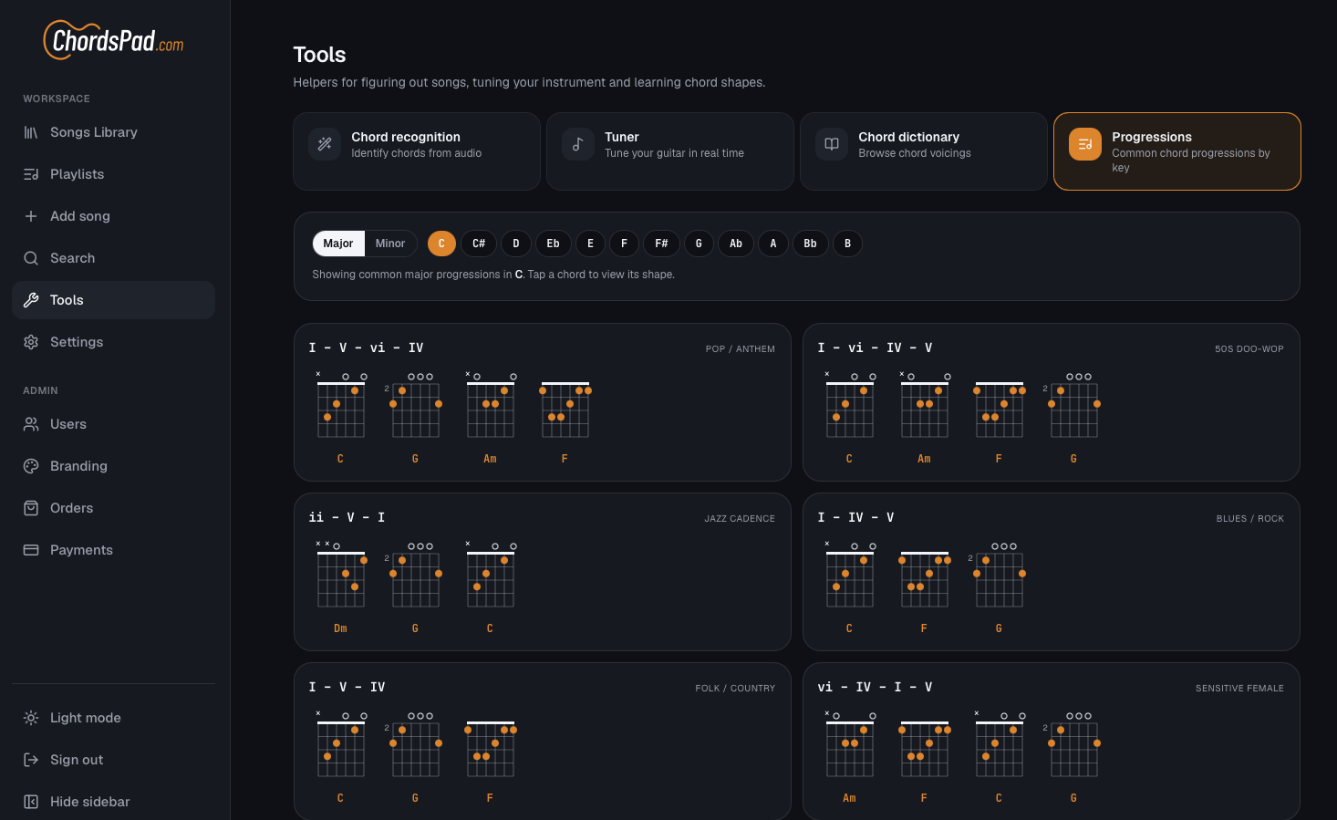 Tools: chord dictionary, tuner, progressions